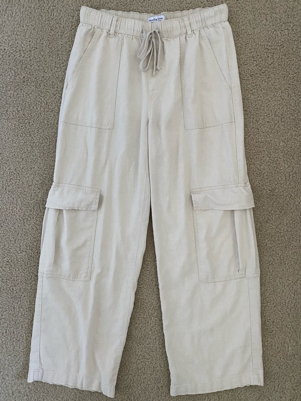 Vanilla Star Linen Cargo Pants Wide Leg Tan